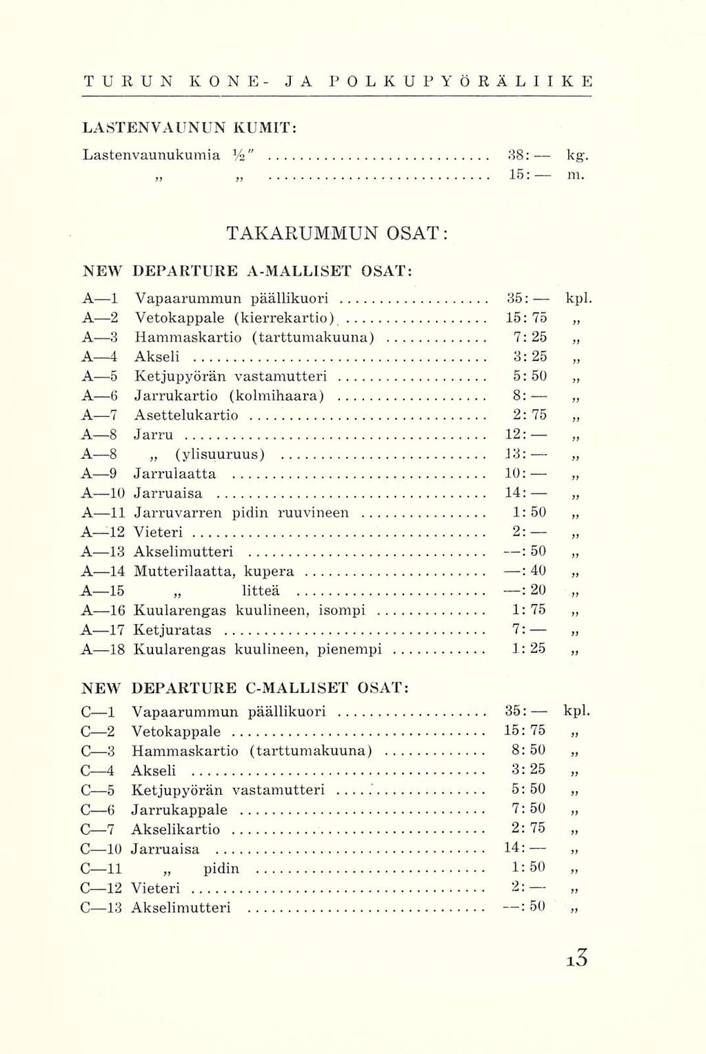 TURUN KONE- JA POLKUPA ÖRÄLIIKE LASTENVAUNUN KUMIT: Lastenvaunukumia %" 38: kg. 15: m. TAKARUMMUN OSAT: NEW DEPARTURE A-MALLISET OSAT; A l Vapaarummun päällikuori 35: kpl.