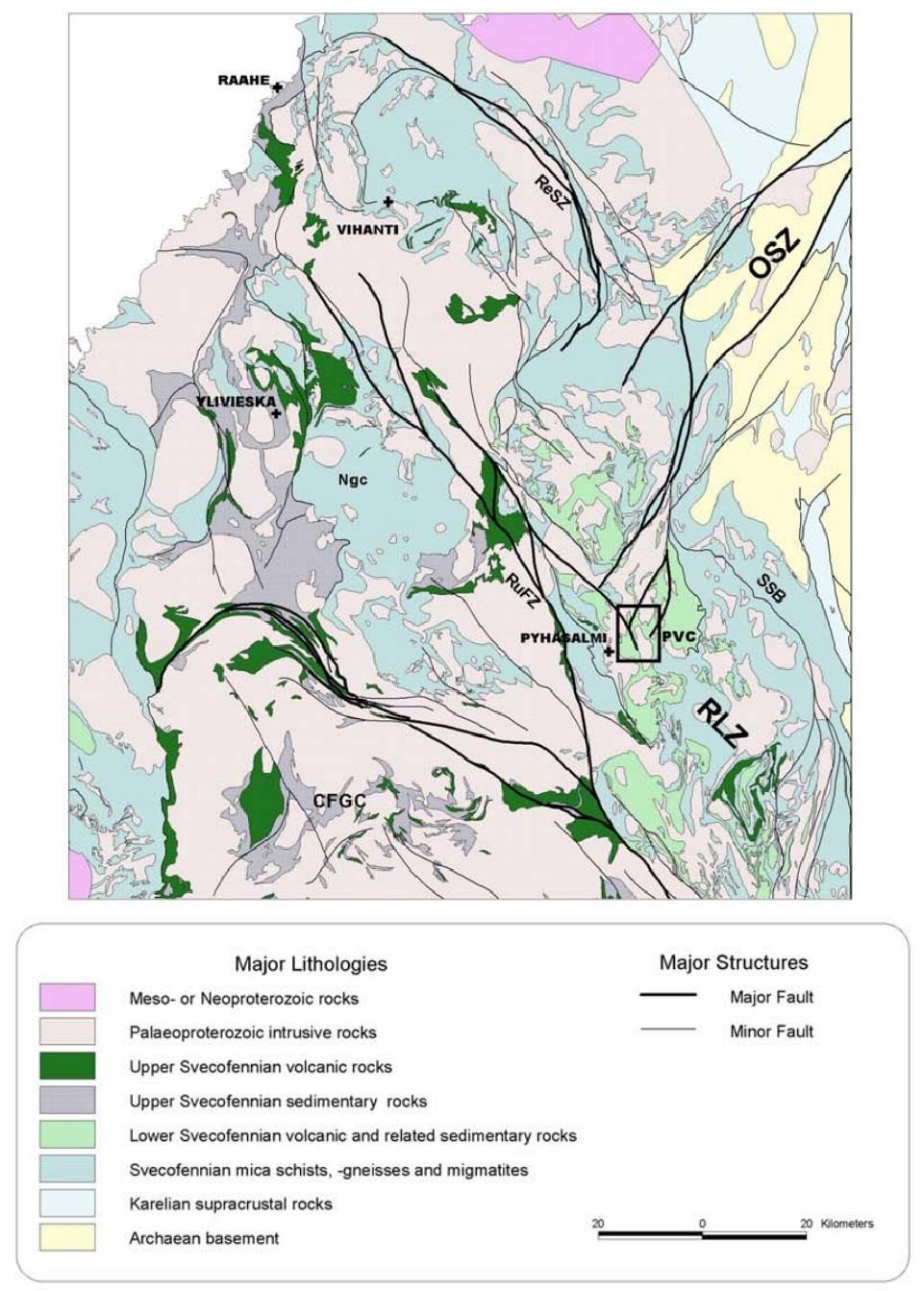 10 Kuva 1. Keski- ja Pohjois-Pohjanmaan geologinen kartta, johon merkitty litologiset alueet, sekä merkittävimmät siirrokset. Tarkempi kartta neliöllä mekitysta alueesta kuvassa 2.