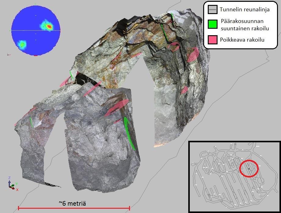Tasolla 1250 sijaitseva louhosperä 15A7P, katkot 19 ja 17, viistosti ylhäältä tunnelin ulkopuolelta tarkasteltuna. Sijainti merkitty oikealla alhaalla olevaan tasokarttaan punaisella ympyrällä.
