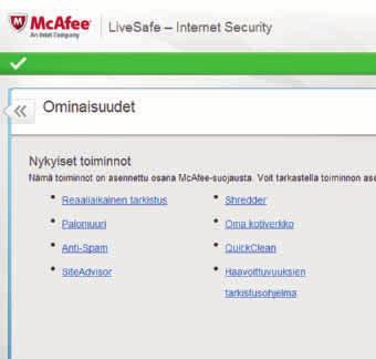 McAfee LiveSafe 2015 Ohjelman tärkeimmät toiminnot on koottu selkeään päänäkymään.