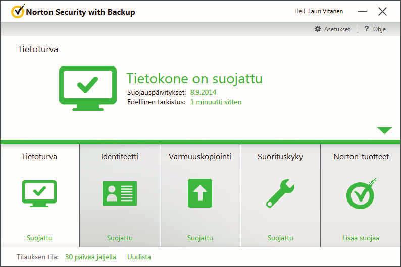 SUURTESTI NORTON SECURITY WITH BACKUP 2015 Kattava ja monipuolinen tietoturva 9,4 105 Norton Security sisältää vertailun runsaimmat toiminnot.