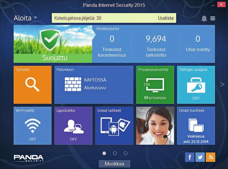 PANDA INTERNET SECURITY 2015 Paljon turvaa näppärässä paketissa 9,0 50 Panda Internet Securityn ulkoasu muistuttaa Windows 8:n aloitusnäyttöä.