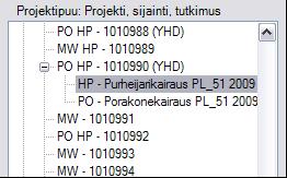 10(39) 4 PROJEKTIPUU Projektipuussa näkyvät kaikki tietokannassa olevat projektit tai projektit, joilla on tutkimuspisteitä ja jotka täyttävät hakurajauksen ehdot.