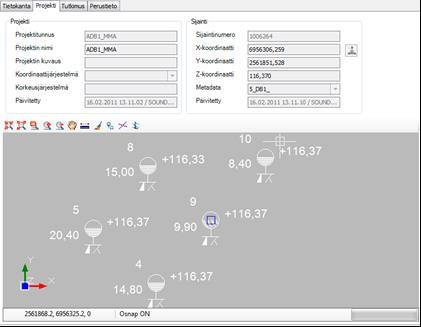 12(39) 6 PROJEKTI Projekti -välilehdellä näkyvät projektin tiedot ja grafiikkaikkunassa projektin sijaintipisteet. Projektin tiedot näytetään vasemmanpuoleisella palstalla.