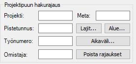 8(39) 3 HAKURAJAUS Tällä alueella tehtävillä määrityksillä rajataan sitä tietomassaa, joka projektipuussa näytetään. Samat rajaukset vaikuttavat myös kirjoitustoimintoihin.