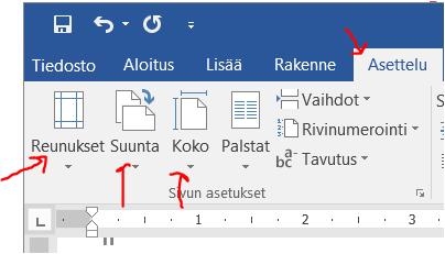 Sivun asetukset lehden auki. Määritä reunukset. Täältä voi muuttaa myös paperin suunnan.