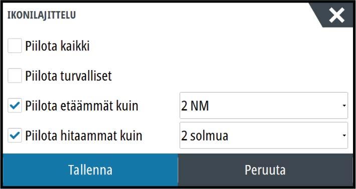 Vaarallinen alus Ohjaa sitä, aktivoidaanko hälytys aluksen tullessa CPA-asetuksen etäisyyttä lähemmäs TCPA:n aikarajan sisällä. Lisätietoa on kohdassa "Vaarallisten alusten määrittäminen" sivulla 112.