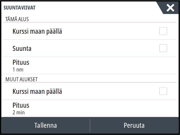 Suuntaviivat Käyttäjä voi määrittää oman aluksensa ja muiden alusten suuntaviivojen pituudet.