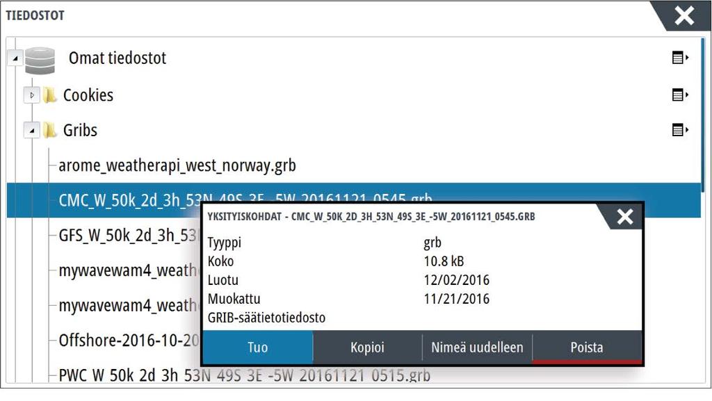 Karttapaneelin Ennuste-valikkokohdan valitseminen näyttää GRIB-säävalintaikkunan.