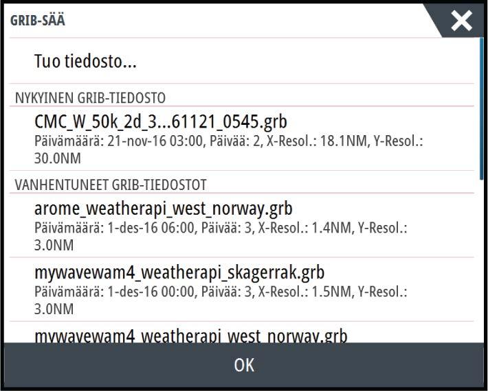 Tässä valintaikkunassa voit myös valita käytettävissä olevan GRIB-tiedoston.