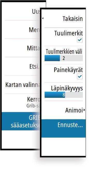 Kun GRIB-sään tietokerros on valittuna, karttavalikossa näkyy myös GRIB-sään asetukset.