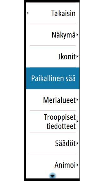 Sääkuvakkeet Saatavilla on useita sääkuvakkeita, joiden avulla voidaan näyttää nykyinen tai ennustettu sää. Valitsemalla kuvakkeen voit näyttää tarkemmat säätiedot.