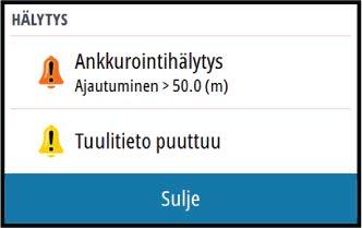 Käytössä ovat seuraavat värikoodit: Väri Punainen Oranssi Keltainen Sininen Vihreä Tärkeys Kriittinen Tärkeä Vakio Varoitus Lievä varoitus Yksittäinen hälytys Yksittäisen hälytyksen otsikkona näkyy