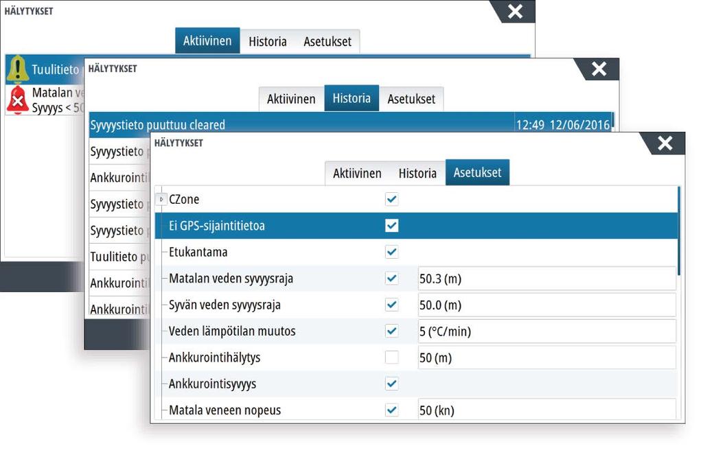 Hälytykset-valintaikkuna Kaikkien hälytysten asetukset määritetään Hälytysasetukset-valintaikkunassa.