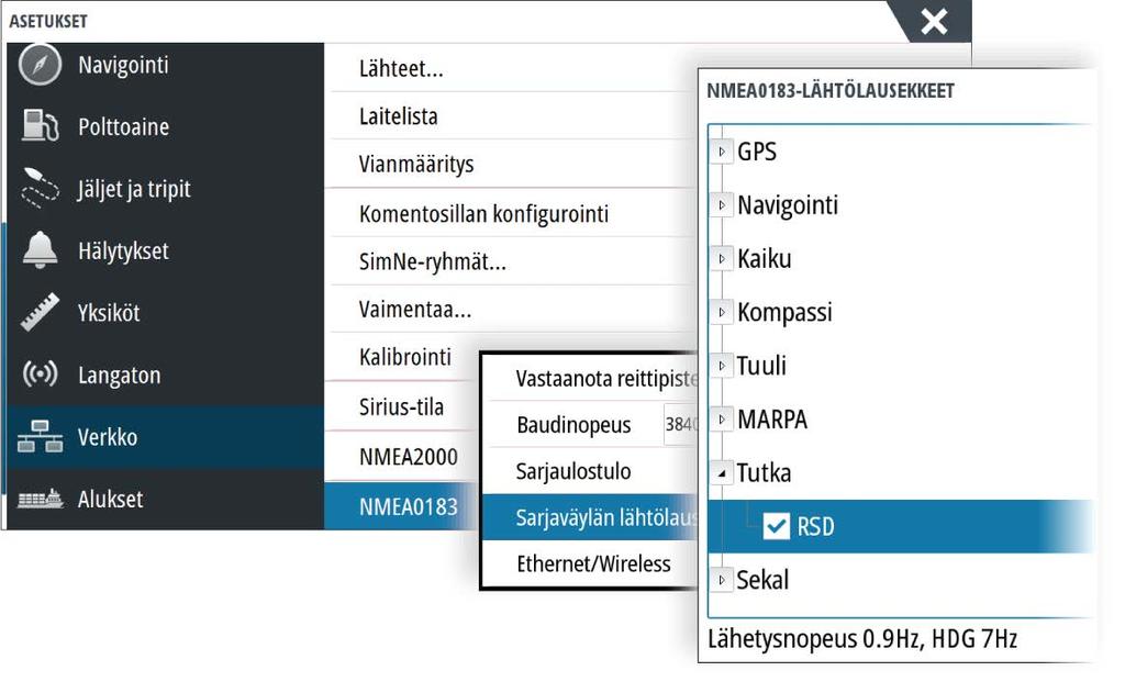 RSD-lauseen lähtö RSD NMEA 0183 -viestin lähtö voidaan ottaa käyttöön (oletusarvoisesti poissa käytöstä), kun halutaan lähettää kohdistimen sijainnin tiedot ulkoiseen laitteeseen.