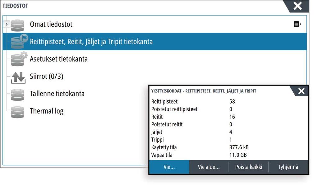 Vientitoiminnolla voit varmuuskopioida kaikki järjestelmässä olevat reittipisteet, reitit, jäljet ja tripit. Alueen vienti Vie alue -asetuksella valitaan alue, jonka tietoja viennissä käytetään. 1.