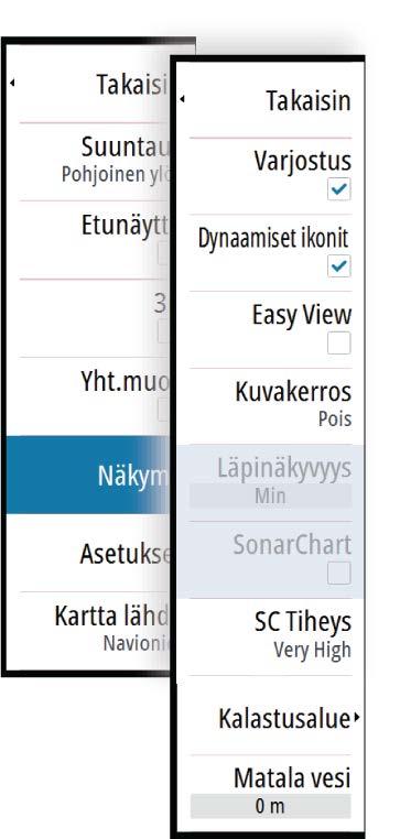 Läpinäkyvyyttä muuttamalla voit tuoda esiin kartan tietoja. Minimisyvyys Säätää sitä, mitä SonarChart Liven mallinnus pitää turvasyvyytenä. Tämä vaikuttaa SonarChart Live -alueen väritykseen.