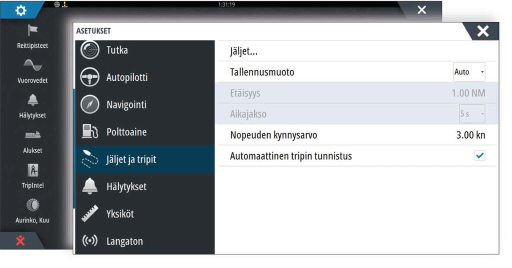 Tracks Jäljet ovat graafisia esityksiä aluksen aiemmin kulkemasta matkasta. Niiden avulla on helppo seurata, missä aluksella on kuljettu. Jäljet voidaan muuntaa reiteiksi Muokkaavalintaikkunassa.