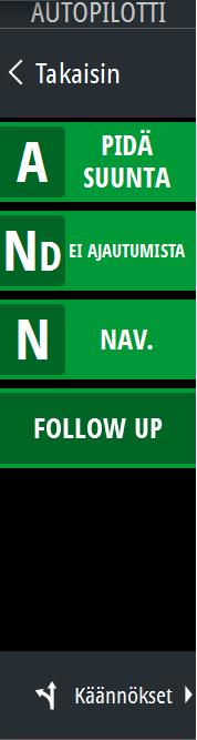 Seuraavat autopilotin ohjaintaulun vaihtoehdot ovat käytettävissä: Autopilottiohjain: Näyttää aktiivisen tilan, otsikon, peräsimen ja eri ohjaustietoja aktiivisesta autopilottitilasta riippuen.