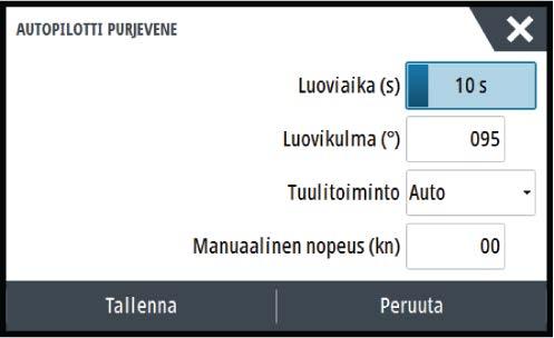 Käännösnopeus: Haluttu käännösnopeus käännyttäessä asteina minuutissa Peräsinvahvistus: Tällä parametrilla asetetaan suhde määritetyn peräsinkulman ja ohjaussuuntavirheen välillä.