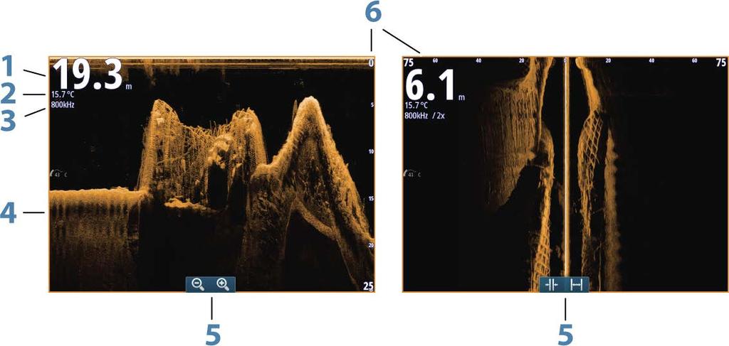 Lisätietoja StructureScan 3D:stä on erillisessä StructureScan 3D -dokumentaatiossa. StructureScan-kuva Näkymä StructureScan-ruudun asetuksia ovat DownScan-kuva tai vasen/oikea sivuluotaus.