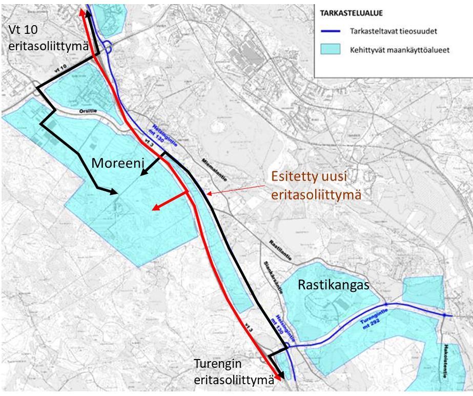 3. Moreenin eritasoliittymä ja yritysalueen saavutettavuus Moreenin eritasoliittymän tarkoituksena on kytkeä Moreenin-Rastikankaan yritysalue nykyistä sujuvammin päätieverkkoon ja sitä kautta