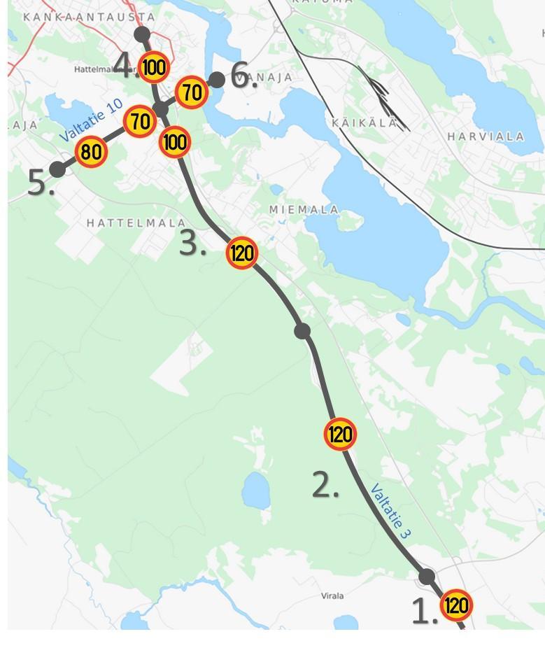 Tarkastelut tehty nykyisillä nopeusrajoituksilla, jotka näkyvät kuvassa 6. Tulokset kuvaavat tien palvelutasoa vuoden 100. huipputunnin eli pari kertaa viikossa toistuvan ruuhkatunnin aikana. Kuva 6.