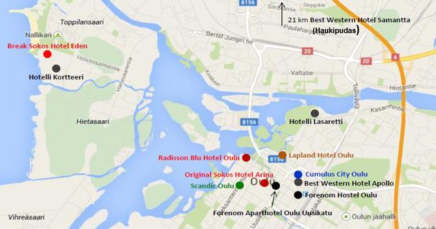 Päätös 44 (63) 4.5.3.11 Oulu 160. Oulun hotellimarkkinalla toimii kahdeksan hotellia, joista Scandic operoi yhtä ja Restel yhtä. Kartta 8: Oulun majoitusmarkkina 161.