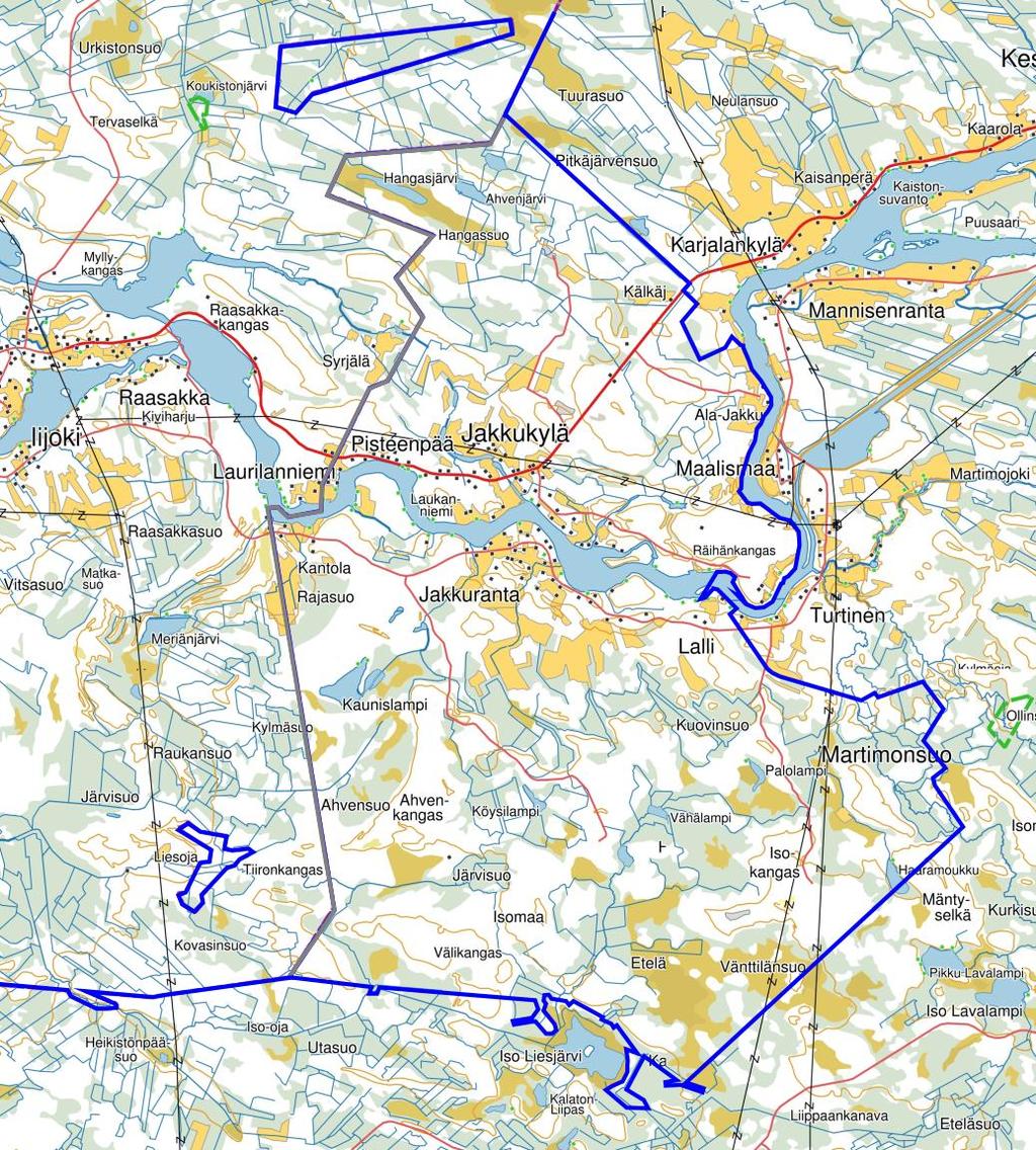 Iin kuntaan liittynyt Jakkukylän alue. Muutoksen jälkeinen kunnanraja sinisellä, harmaalla vanha raja.