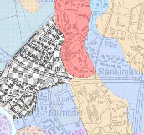 Geologisen tutkimuskeskuksen maaperäkartastojen mukaan koulun ja Ränkimäen talomuseon alueen maaperä on kalliota (punainen).