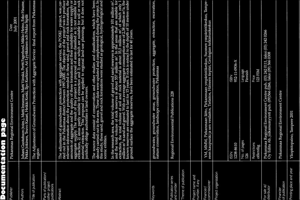 final project, Documentation page Publisher Pirkanmaa Regional Environrnent Centre Date July 21 Authors Title of publication Parts of publication/ other project publications Juhani Gustafsson (toim.