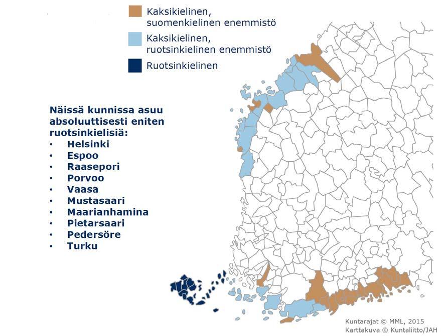 Kuvio 1. Kartta ruotsinkielisistä ja kaksikielisistä kunnista 2015 65 Taulukko 4.
