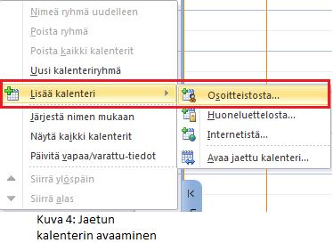 kuva, kohta 2). 4. Avautuvasta ikkunasta klikkaa Lisää kalenteri -> Osoitteistosta. 5. Kirjoita hakemaasi kalenterin nimeä vasemmalla ylhäällä olevaan kenttään (Kuva 5.). Hakua vastaavia vaihtoehtoja alkaa ilmestyä alempana olevaan kenttään.