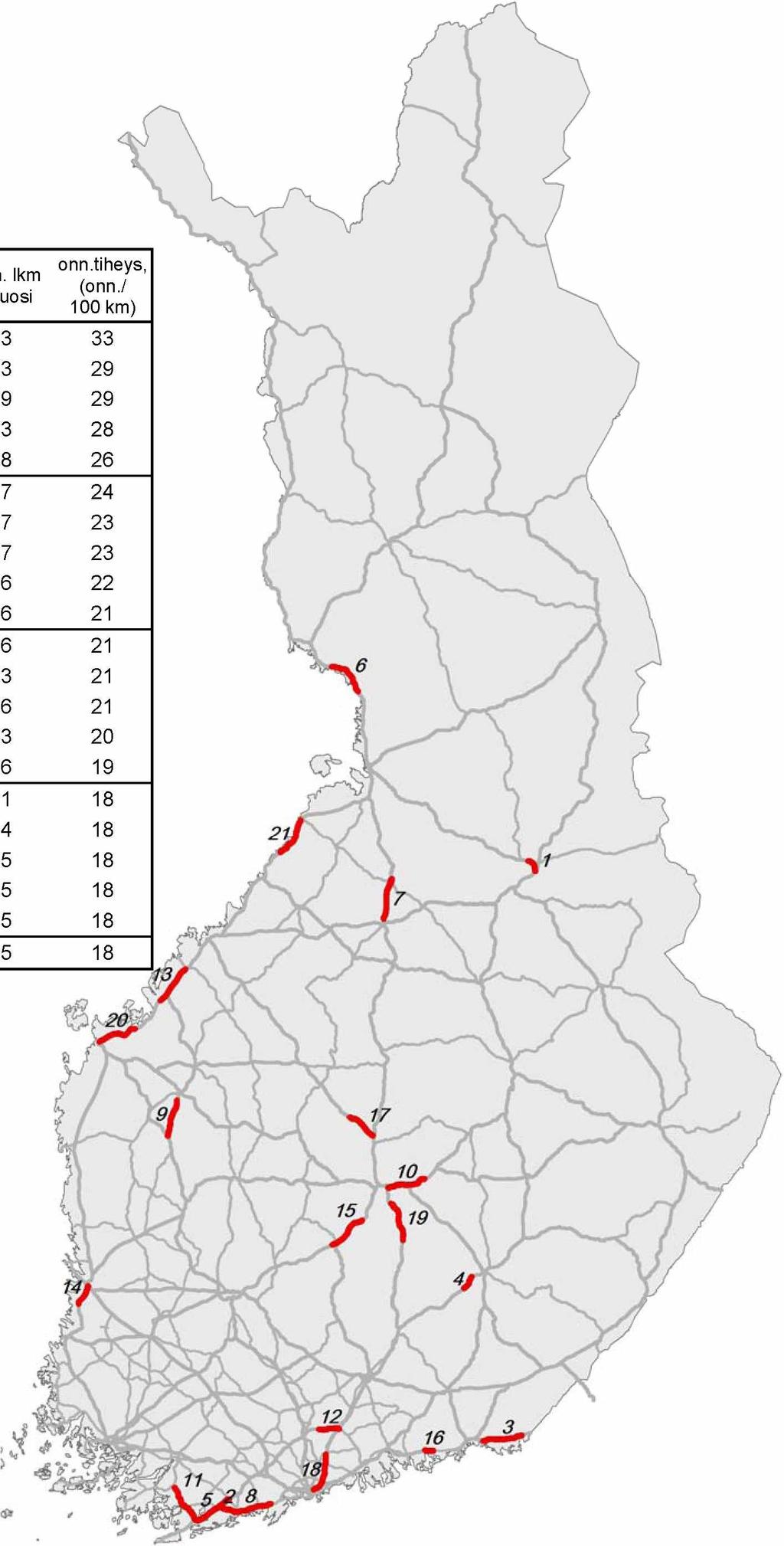 22 Kartta 3. Tieosuudet, jo illa on suurin hirvionnettomuustiheys (2009-2013 keskiarvo) kohde nro tienumero (*) osuuden pituus (km) onn. lkm /vuosi onn.tiheys, (onn.