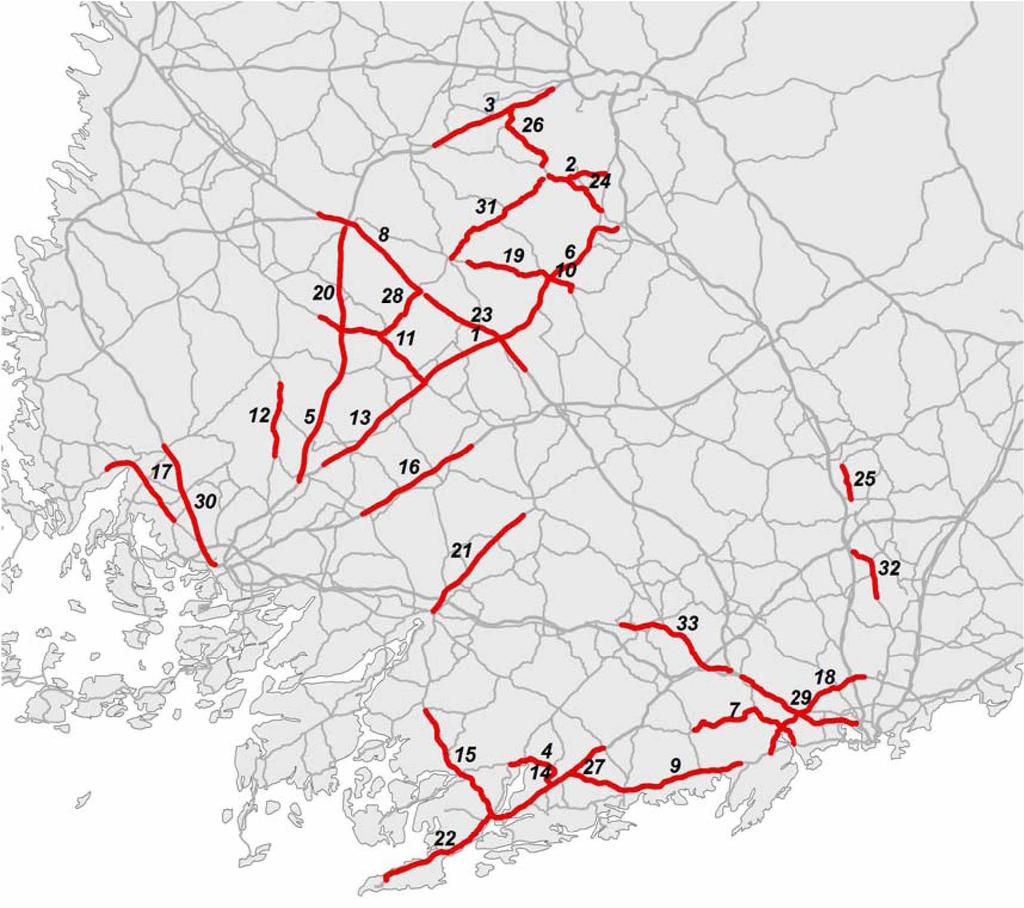 23 Kartta 4. Tieosuudet, jo illa on suurin peuraonnettomuustiheys (2009-2013 keskiarvo) kohde nro tienumero (*) osuuden pituus (km) onn. lkm /vuosi onn.tiheys, onn.