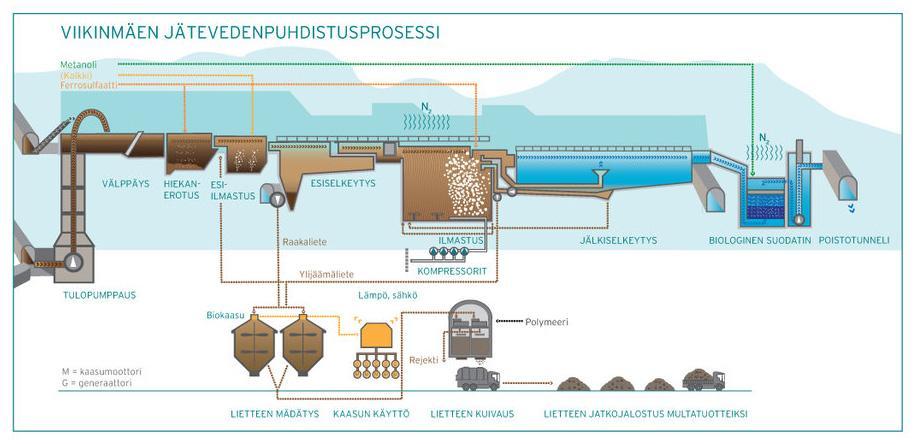 11 Kuva 2. Viikinmäen jätevedenpuhdistusprosessi. 5 4.2.1 Fosforikuormitus puhdistamolle Vuoden 2014 aikana Viikinmäen puhdistamolle saapunut fosforikuormitus oli keskimääräisesti 1804 kg päivässä eli vuosittain 658 tonnia.
