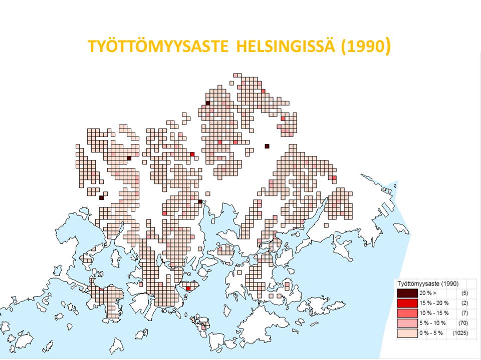 1. Kansallisena haasteena pohjan putoamisen kautta heikkenevät alueet ja oppimistulokset Esimerkkinä Helsingin työttömyyden eriytyminen: Ennen 1990-luvun lamaa alueelliset