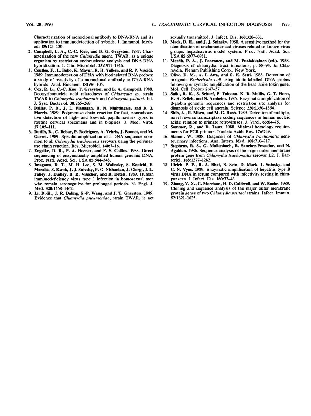 VOL. 28, 199 C. TRACHOMATIS CRVICAL INFCTION DIAGNOSIS 1973 Characterization of monoclonal antibody to DNA-RNA and its application to immunodetection of hybrids. J. Immunol. Methods 89:123-13. 2. Campbell, L.