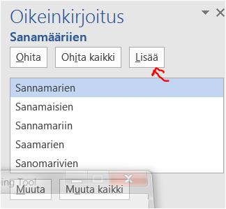 Ohjelma näyttää tekstissä maalattuna korjattavan sanan.