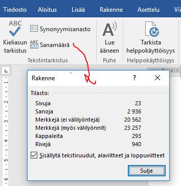 . Jos sana kuitenkin oli oikein, niin ohita se Ohita-painikkeella. 13.1 Sanamäärien ja merkkien tilastot.