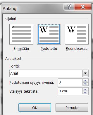 Maalaa kappaleen alusta se alue, jonka haluat angfangiksi. Yleensä se on ensimmäinen kirjain. 2. 3. Valitse Lisää lehti ja sieltä Anfangi. 4.