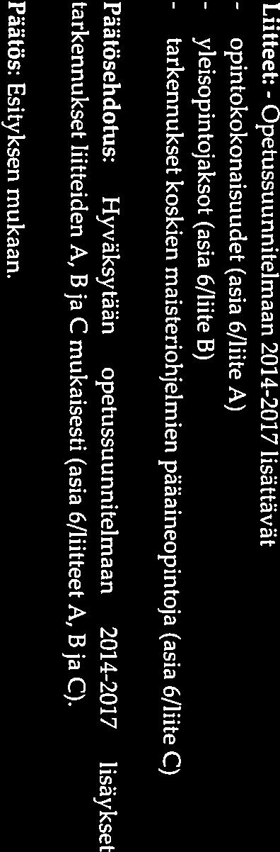 - opintokokonaisuudet (asia 6/liite A) - yleisopintojaksot - tarkennukset koskien maisteriohjelmien pääaineopintoja (asia 6/liite C) Päätösehdotus: Hyväksytään opetussuunnitelmaan 2014-2017 lisäykset