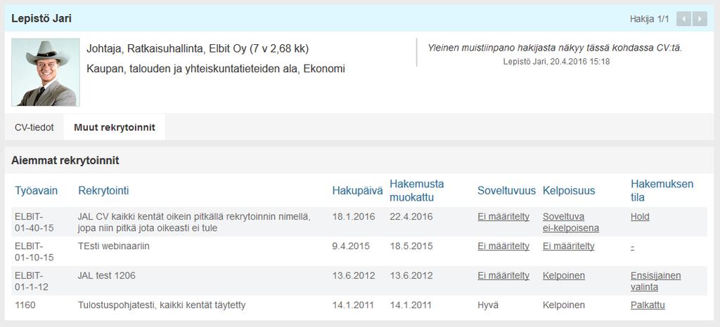 3.2 Hakijan muut rekrytoinnit näkymän uudistukset 3.2.1 Ominaisuuden kuvaus Uudessa Kuntarekry-versiossa hakijan Muut rekrytoinnit näkymä on oma välilehtensä CV-näkymässä.