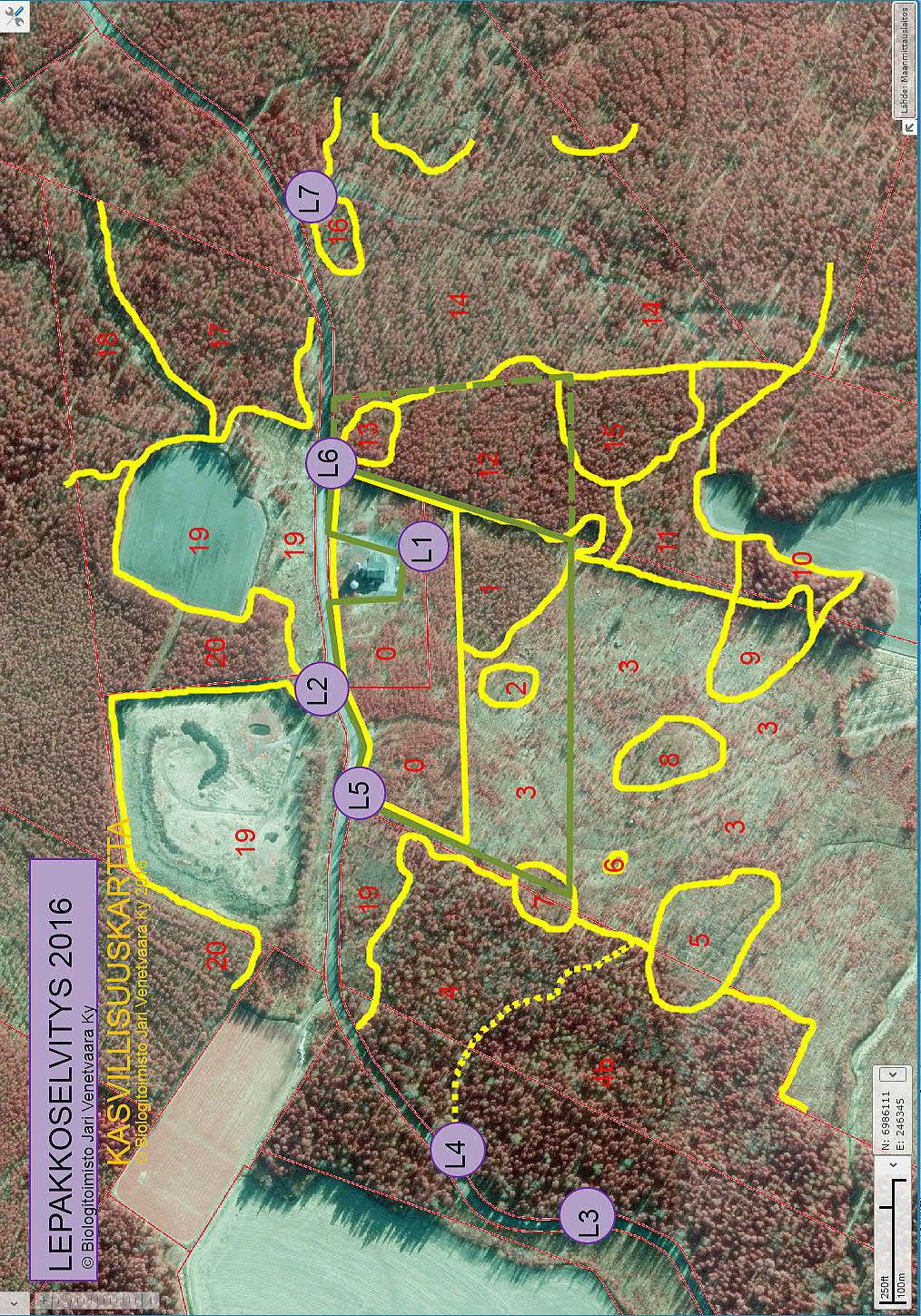 LIITE 1 LEPAKKOKARTTA, ortoväärävärikuva 7 Kuva 4. Lepakkokartta, havainnointipisteet L1 - L7 violetilla. Kasvillisuuden rajaukset 0 20. Numerointi viittaa kuviin ja kasvillisuusalueisiin 0 20.