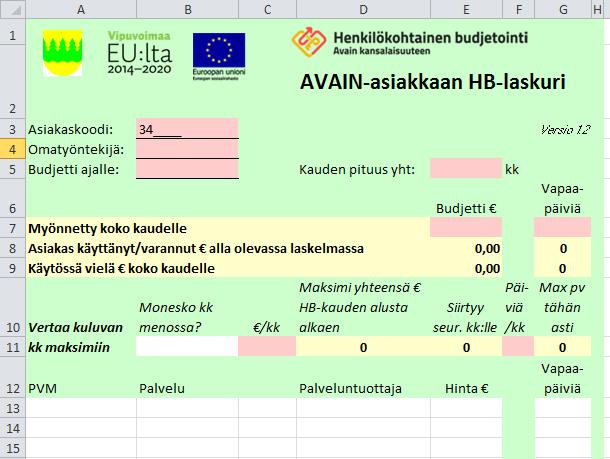 Omatyöntekijä täyttää vaaleanpunaiset kohdat. Keltaiset kohdat ovat automaattisia laskentakenttiä. Asiakas täyttää valkopohjaiset kohdat.