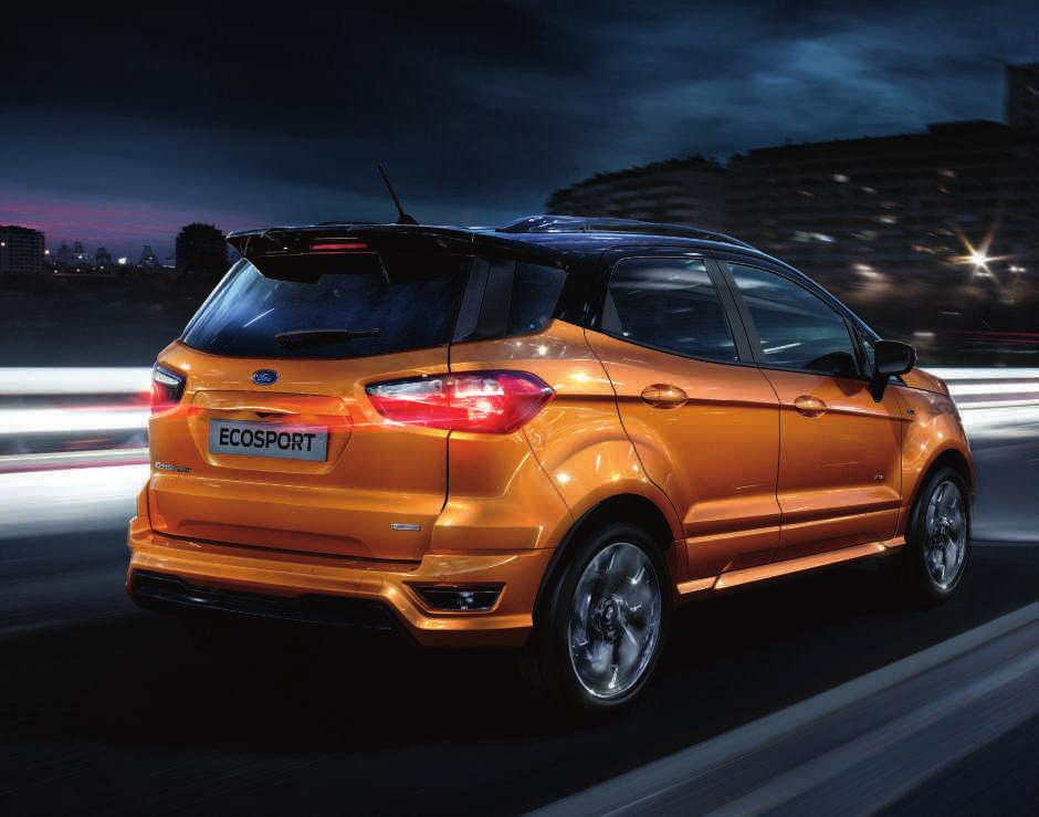 Urheilullista tyyliä. EcoSport ST-Line ST-Line-mallistossa Ford EcoSportin urheilullista käytännöllisyyttä on piristetty sporttisilla tyyliratkaisuilla.