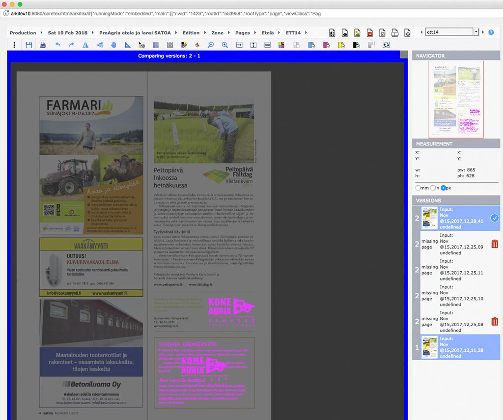 Page Compare View: Klikkaa versioista sivut, joita haluat verrata.