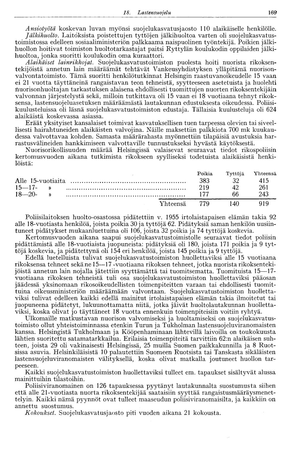 8. Lastensu ojelu 69 Ansiotyötä koskevan luvan myönsi suojelukasvatusjaosto 0 alaikäiselle henkilölle. Jälkihuolto.