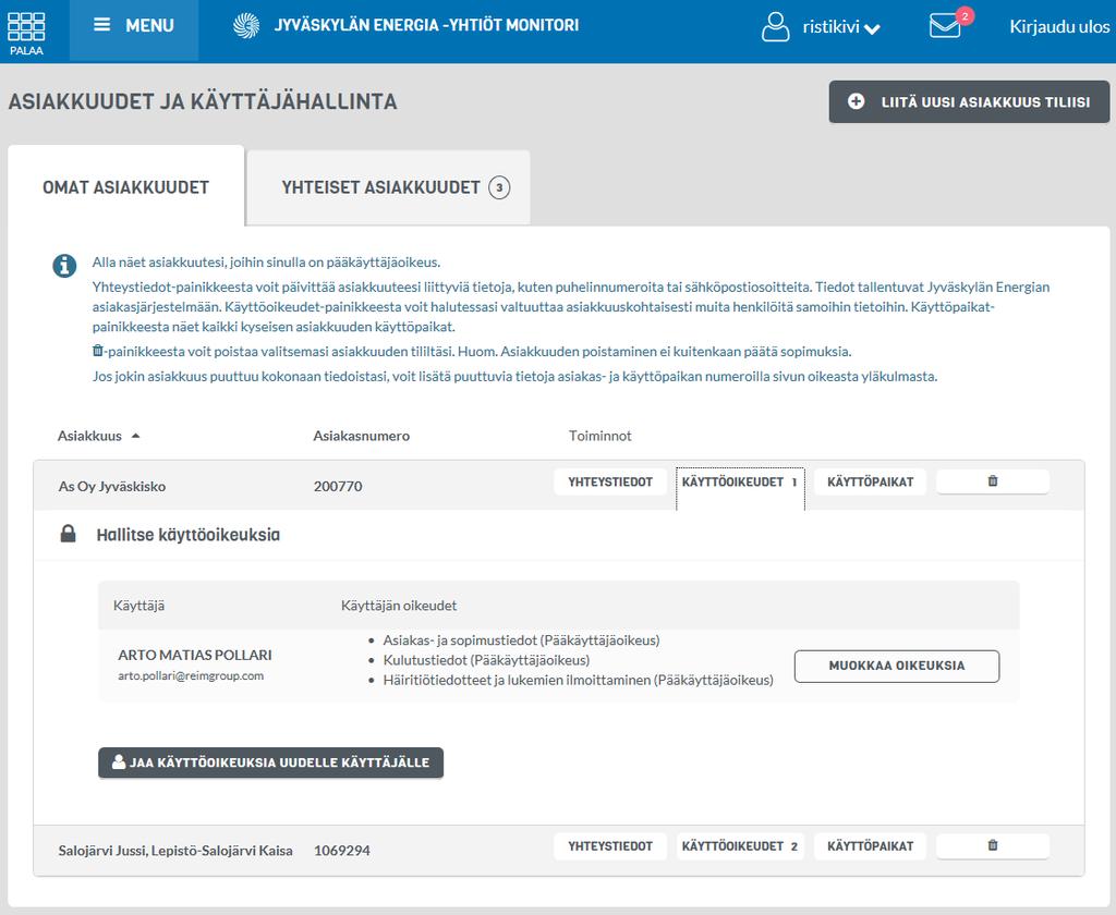 Asiakkuuden valtuuttaminen Käyttöoikeudet-välilehdellä voit jakaa taloyhtiön asiakkuuden hallituksen jäsenille tai kollegoille.