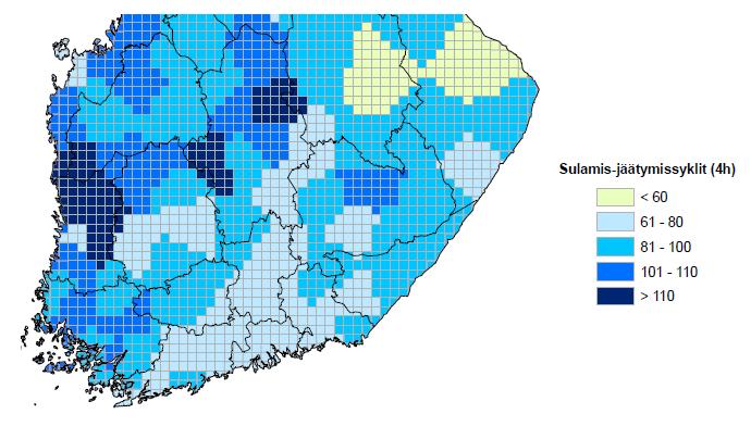 Huomattavaa on, että syklien määrässä on melko suuria paikallisia eroja. Kuva 6. Vuotuiset sulamis-jäätymissyklit. Syklit perustuvat vuosina 2006 2010 tiesääasemilta kerättyihin tietoihin.